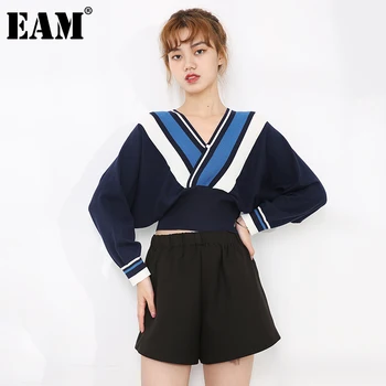 

[EAM] Striped Big Size Knitting Sweater Loose Fit V-Neck Long Sleeve Women Pullovers New Fashion Tide Autumn Winter 2020 1Z91917