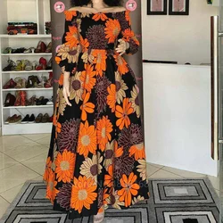 African Dresses for Women Fashion Floral Print Slash Neck Three Quarter Sleeve Maxi Dress High Waist Vintage Long Dress Summer