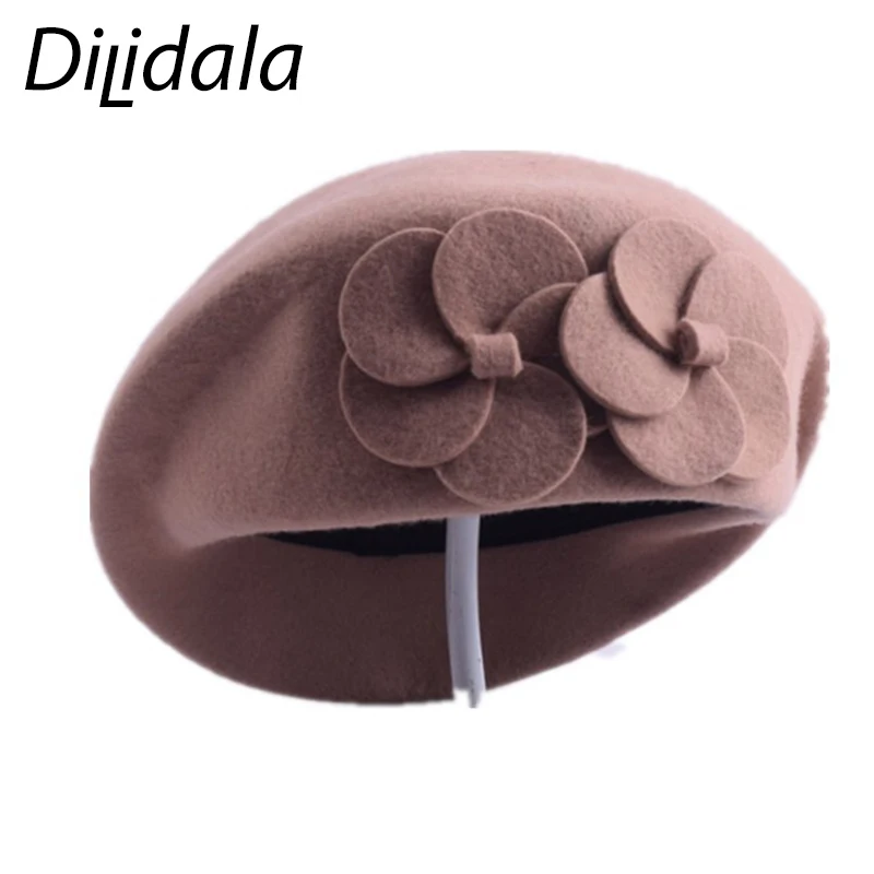 Dilidala, осенне-зимний берет, шапка с двойным цветком, берет, Зимняя мода, винтажный, английский, черный, перо, топ, шапка, берет для женщин