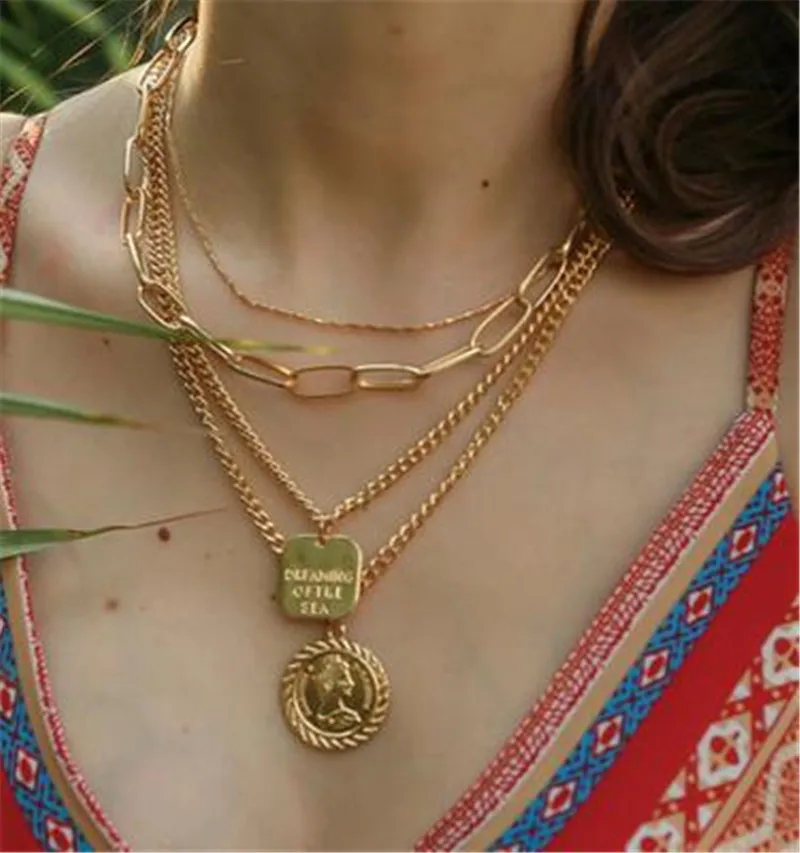 

Vintage Gold color Carved Pendant Necklace Exaggerated Punk Multilayer Metal Necklaces for Women Party Summer Beach Jewelry