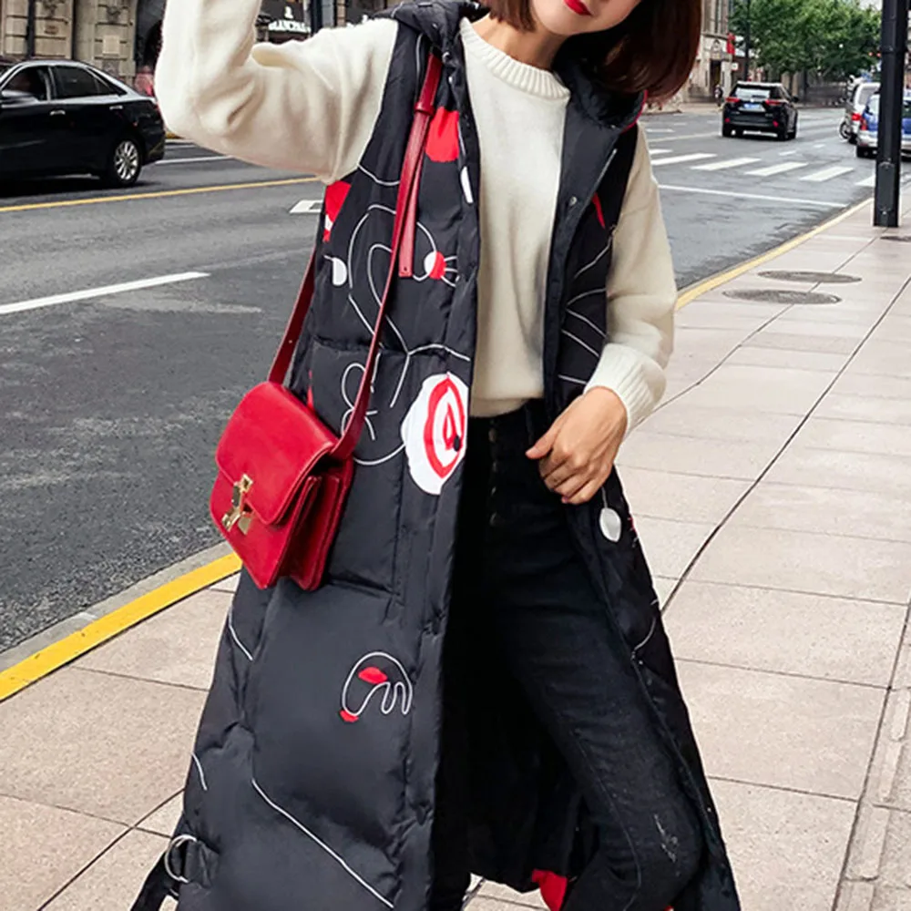 Зимнее Стеганое пальто без рукавов для женщин Длинный жилет модный принт парка с