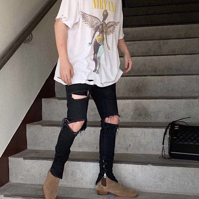 Стиль тумана Высокая улица Джастин Бибер Стиль Знаменитостей Брюки Slim Fit с дырками джинсы мужские INS обтягивающие джинсы