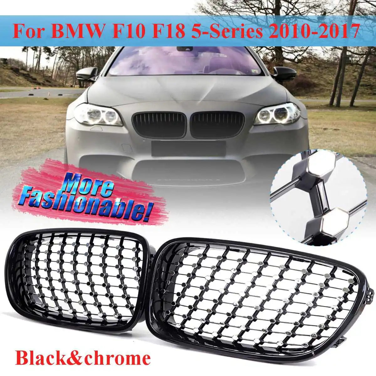 

Hot New Pair Front Kidney Grilles Grille Car Racing Grille Black+Chrome Stars For BMW F10 F18 5-Series 2010-2017