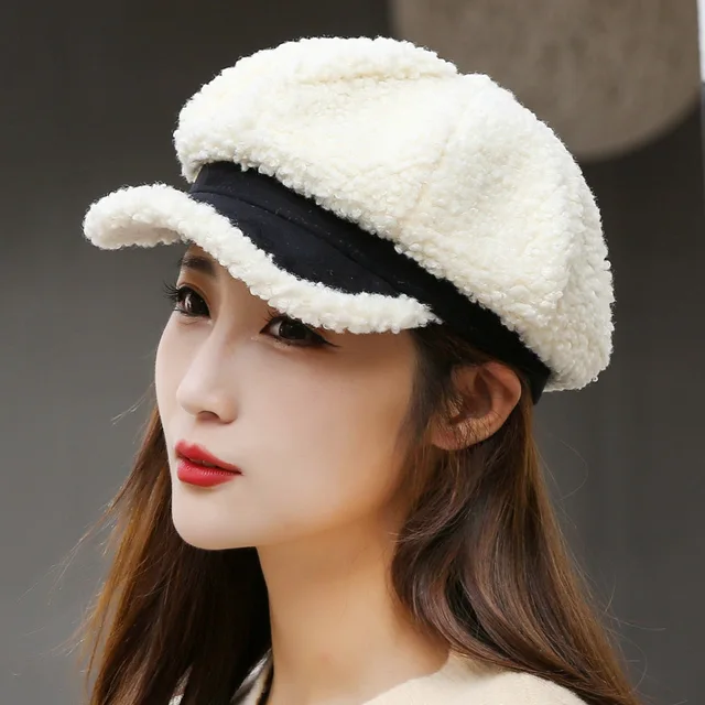 Winter Women's Cap Ladies Octagonal Hat Beret Lambswool Plush Warm Outdoor Female Visor Soft High Quality BT0057 white