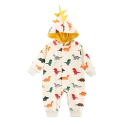 New Baby Boys Cute Cartoon Hooded Dinosaur Rompers Autumn  Bodysuits for Children