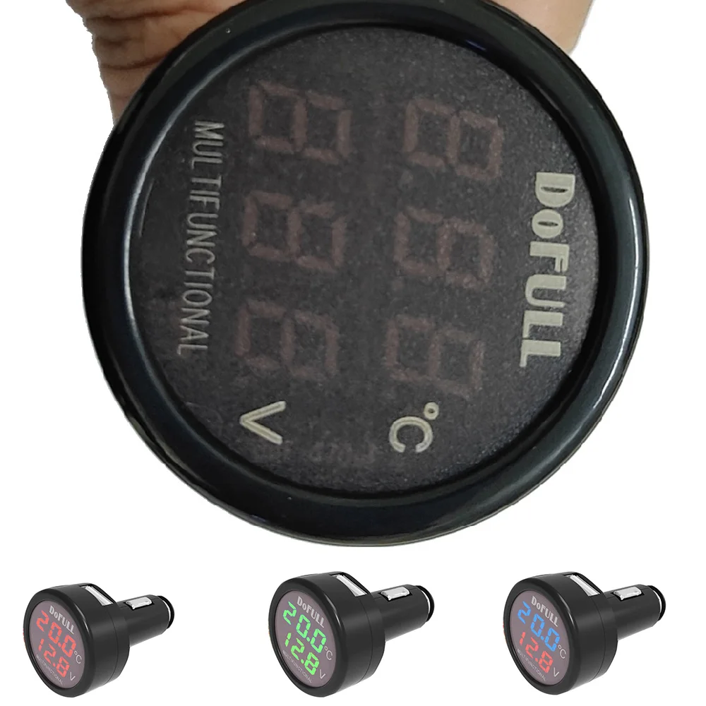 

3in1 LED Digital Voltmeter Thermometer 12v 24v Cigarette Lighter USB Car Charger Pressure Gauge Thermometer