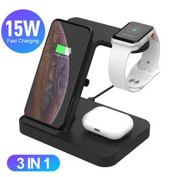 

15W Qi Wirelss Charger for apple Watch 5 4 airpods pro smart phone earphone Desktop Stand 3 in 1 Charging Station with USB Cord