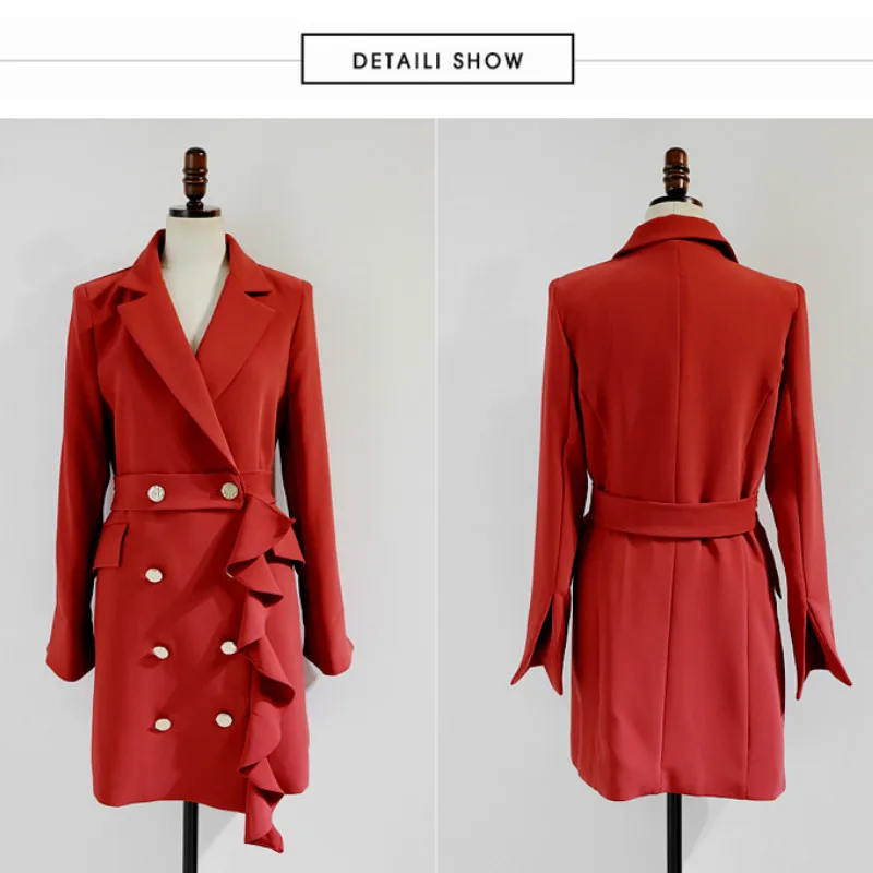 Autumn Notched Double Breasted Slim Ruffles Pencil Office Cloth Outerwear High Waist Red Women OL Blazer Coat