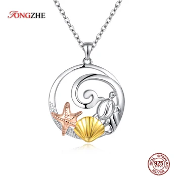 TONGZHE Charm Star Moon Fish Shell Pendant Necklaces 100% 925 Sterling Silver Necklace Rainbow Cute Animal Pendants Women Gift