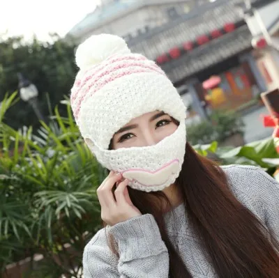 Женская шапка в Корейском стиле Chaozhou, шерстяные шапки с бородой, вязаные осенне-зимние теплые маски, шапки и меховые шерстяные шапки, защита для ушей - Цвет: Белый