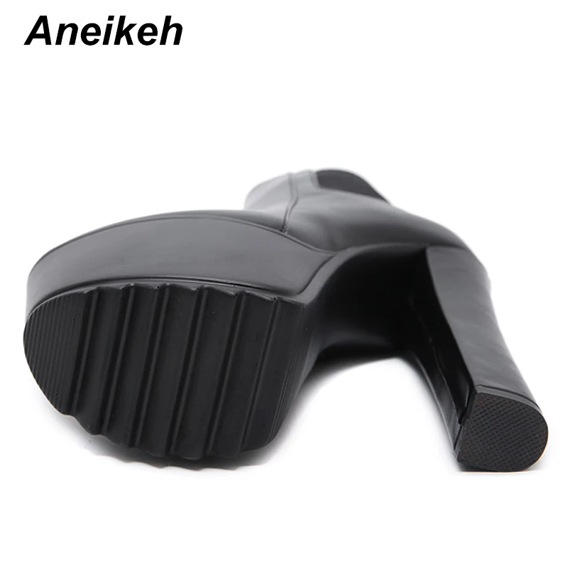 Aneikeh/модные ботинки из PU искусственной кожи ботильоны на толстом каблуке Женская обувь с круглым носком на высоком каблуке; сезон осень-зима ботинки с эластичными лентами размер 40