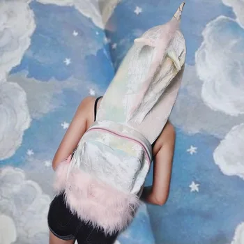 

Laser Hologram Backpacks Velvet Soft Rainbow Back bag Pink Sweet Girls Daughter Gift Daily 12 inch Backpack Unicorns Bag