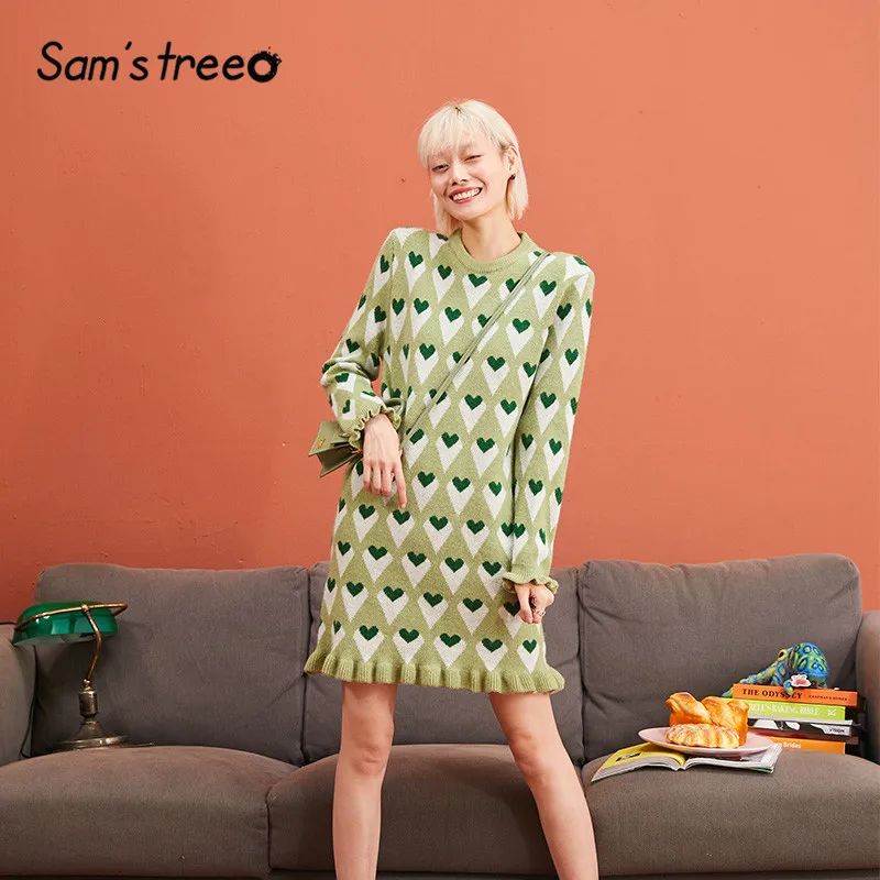 

SAM'S TREE Green Colorblock Love Print Knitted Pullover Dress Women 2019 Winter White Frill Long Sleeve Sweety Female Dresses