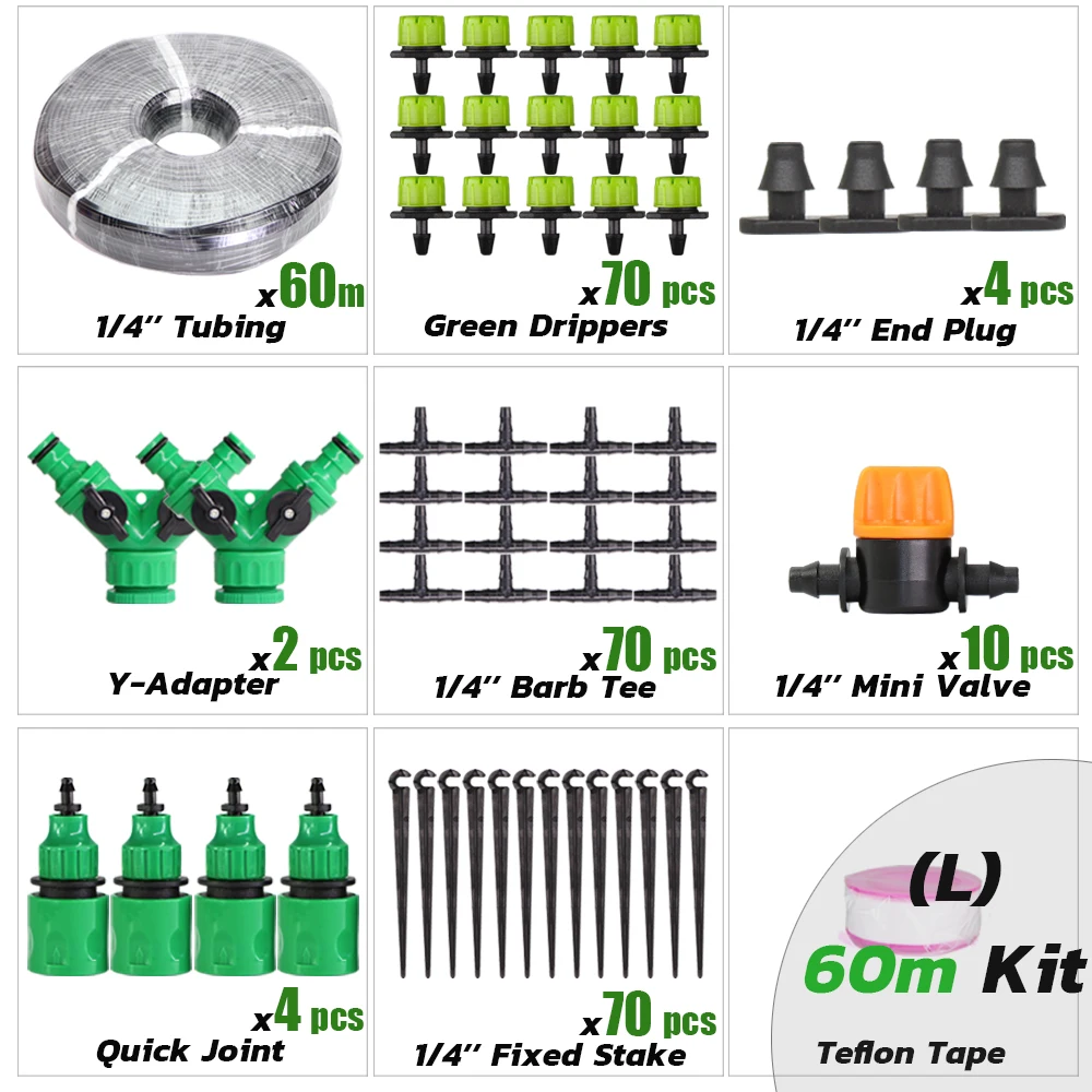 RBCFHI 5-60M 1/4'' Automatic Micro Drip Irrigation System Garden 8 Hole Spray Self Watering Kits With Adjustable Green Dripper 6