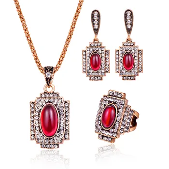 

CASHOU35 Red crystal fashion jewelry set zircon three-piece ring necklace necklace earrings jewelry set