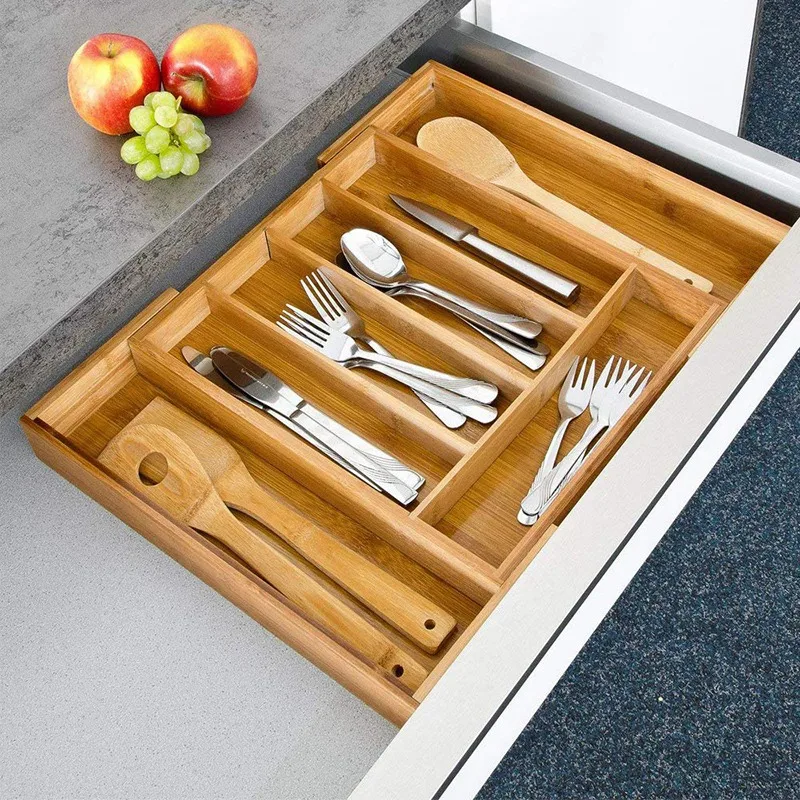 Bamboo Drawer Utensil Organizer Expandable Kitchen Cutlery Utility Tray,100% Pure Nature Bamboo