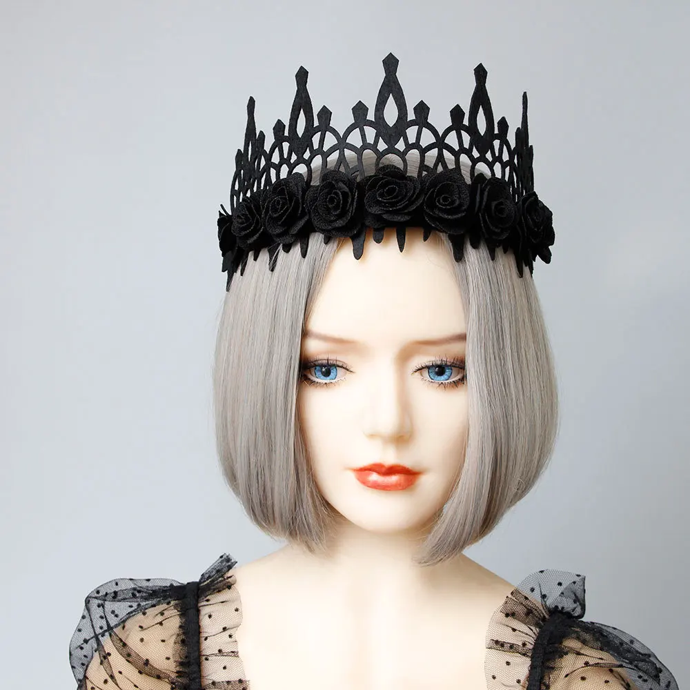 Black Flower Crown Tiara Hair Jewelry For Women Gothic Female Wedding Hair Accessories Halloween Princess Queen Head Jewelry