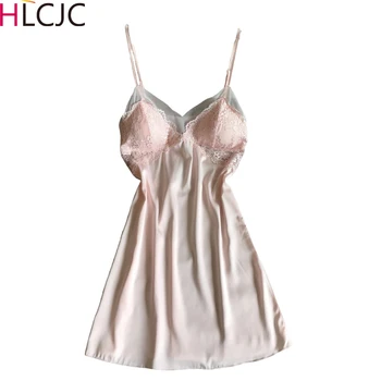 

2019 Women Sexy Silk Satin Night Gown Sleeveless Nightdress V-neck Summer Lace Patchwork Nightgowns Sleeveless Female Sleepwear