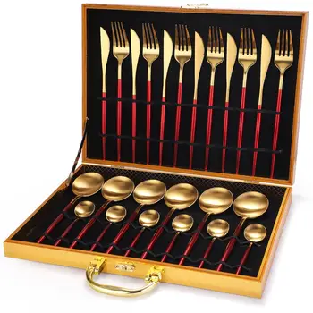 

Brandom 24pcs Knife Spoon Fork Gold Plated Cutlery Set With White/Black/Pink/Red Handle in Wooden Box