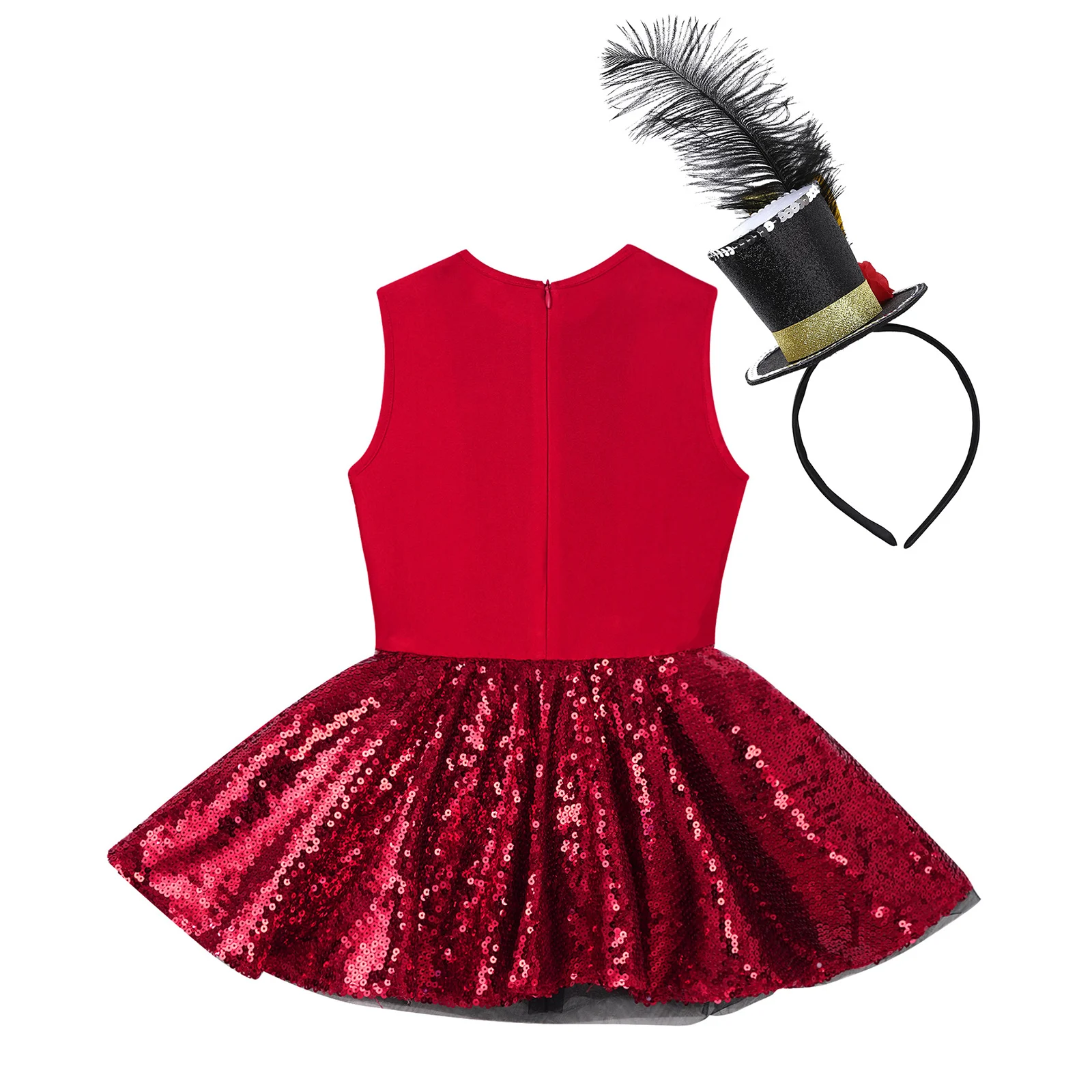 Cosplay Costume 4-16 Years Girls Circus Ringmaster Shiny Sequins Leotard Dress with Feather Hat For Halloween Carnival Party