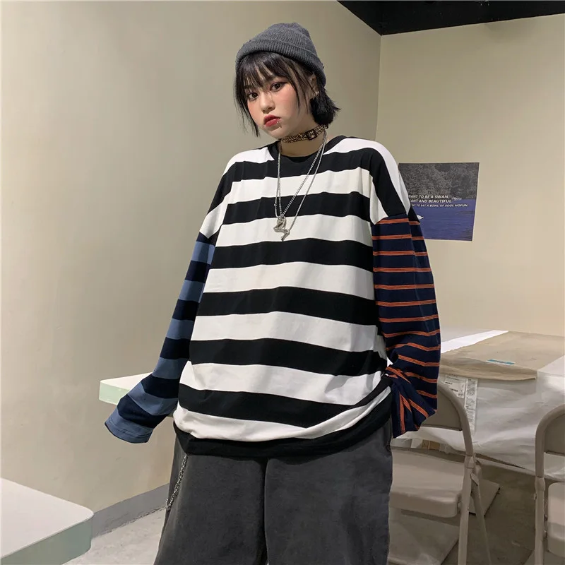 Ulzzang Harajuku Европа и Америка уличная хип-хоп полосатая Толстовка Осенняя ins модная Свободная Повседневная Женская толстовка с круглым вырезом