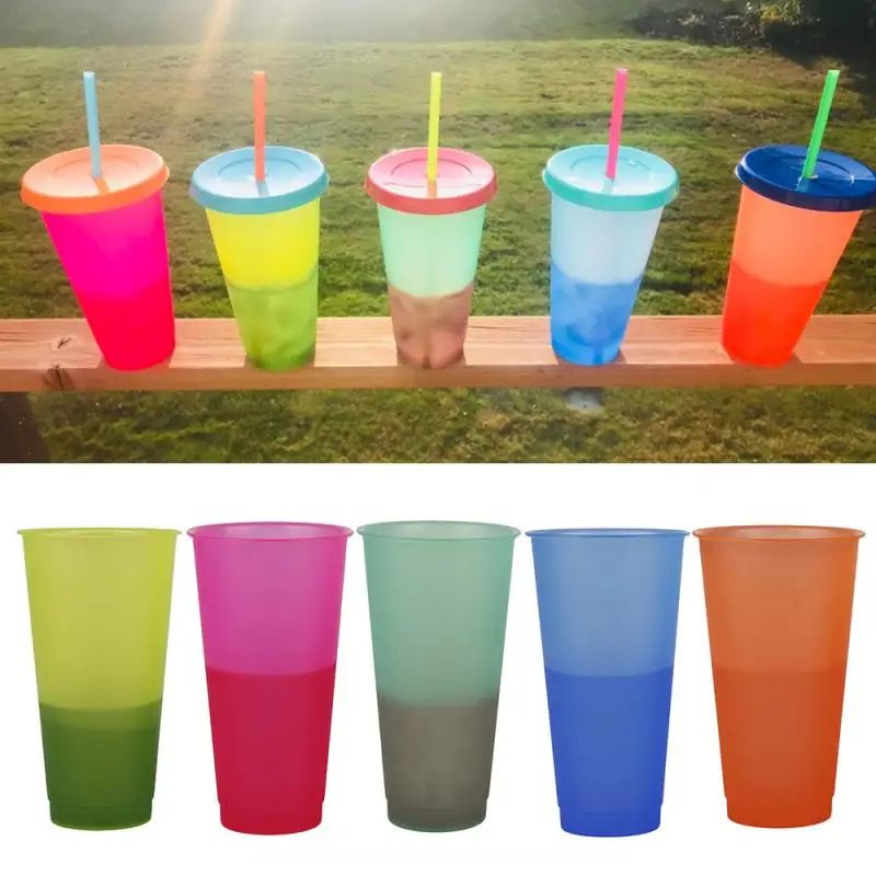 

700ml Color Changing Cup Reusable Water Bottle Drinkware Tumbler Discoloration Cups With Lid And Straws Creative Vacuum Flask