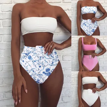 

2020 Bikini Swimsuit Sexy Boob Tube Top Women's Blue and White Porcelain Printed Split Swimsuit High Waist Bikini