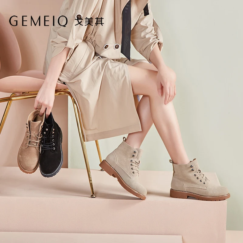 

GEMEIQ Genuine Leather Pig Suede Short Martin Boot Women British Style 2019 Winter New Series Rivet Decorative Boots