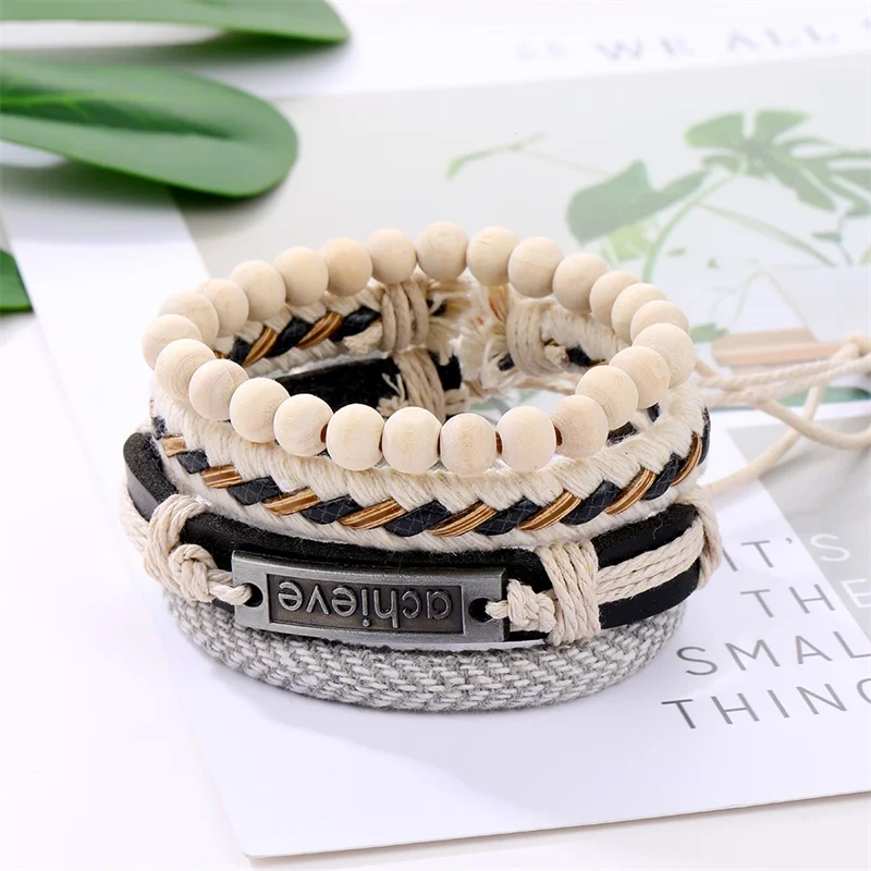 Fashion Beads Leather Wrap Bracelet Set Men New Design Wristband Multiple Bracelets & Bangles Party Wedding Jewelry Gifts