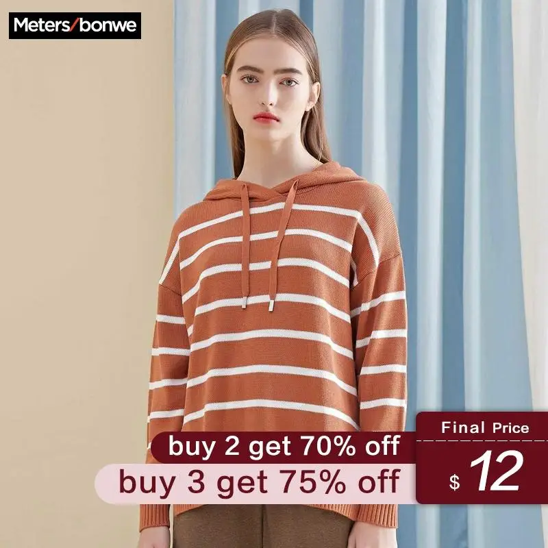 

Metersbonwe 2019 Cotton Knitted Sweater Women Hooded Striped Pullovers Autumn Winter Basic Women Sweaters Slim Fit