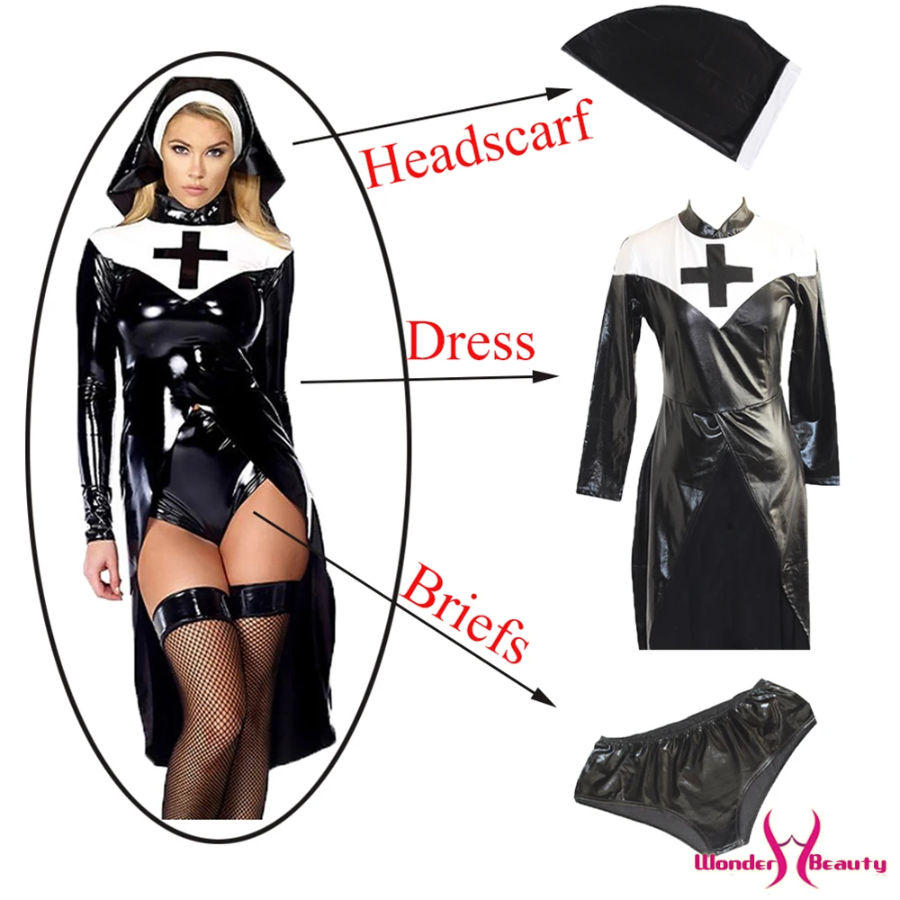 Хэллоуин косплей Nun ролевая Мода Топ трусики и шляпа винил черный женский соблазнительный костюм
