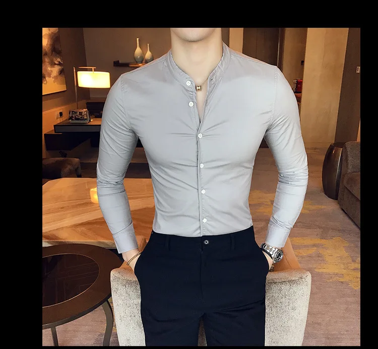 2019 Новая мужская мода бутик хлопок сплошной цвет воротник повседневные деловые рубашки с длинными рукавами мужские тонкие