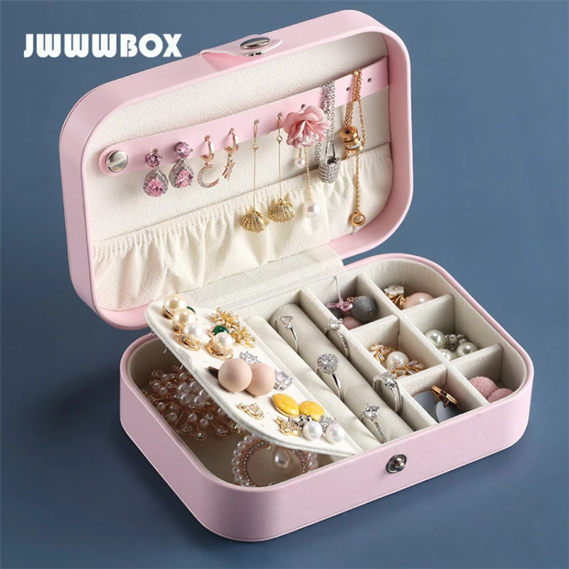 

JWWWBOX Portable Women Travel Jewelry Box PU Leather Necklace Earrings Rings Jewelry Packaging Display Box Girls Gift JWBX09