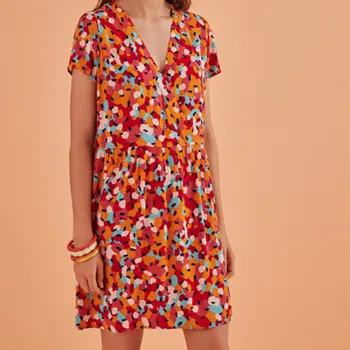 

Spring Summer Women Mini Dress Printing Short Sleeve 100% Viscose Holiday V-neck Loose Female Dress with Buttons