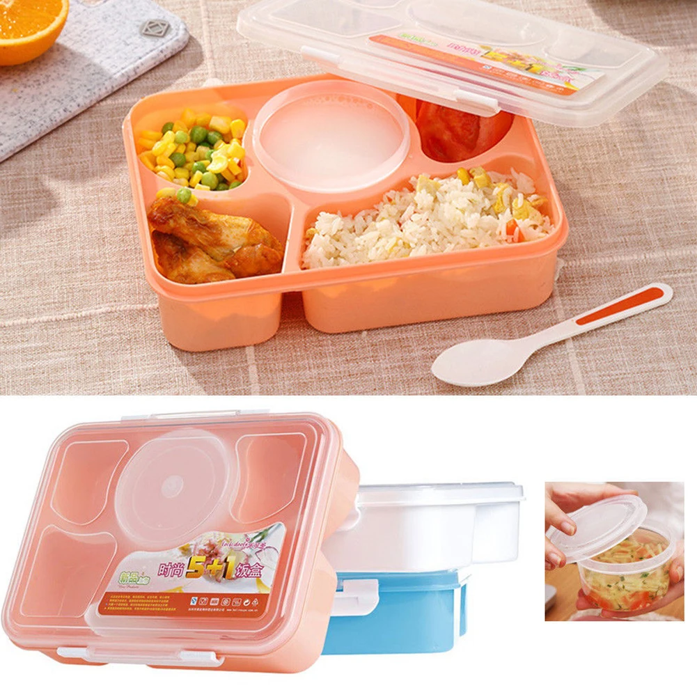 Bento Box, пластиковый Ланч-бокс с 5 отделениями, безопасный для микроволновой печи с йогуртом Suop горшок и ложка
