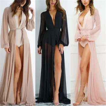 

2020 Summer Brand Feminino Women Transparent Beach Maxi Dress Swimwear Bikini Cover-up Tunic Chiffon Female Bathing Suit