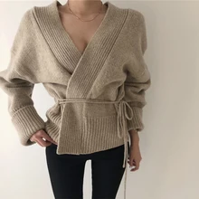 Новые однотонные винтажные женские рубашки кардиганы с v-образным вырезом свободные тонкие повседневные женские Свитера Вязаная осенне-зимняя женская одежда