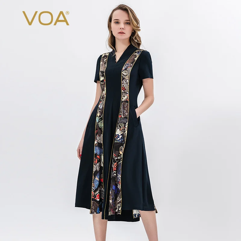 Voa 36 Mm Navy Blauwe Zijde Womens Jurken Zware Gewicht Vlinder Print Patchwork Vrouwen Jurk Elegant Party Chothes A10312
