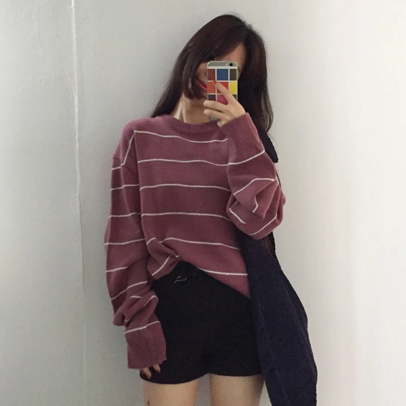 Neploe/женская одежда ретро Свободный Полосатый свитер Harajuku средней длины трикотажные джемперы осень длинный рукав Pull Femme 54437 - Цвет: Красный