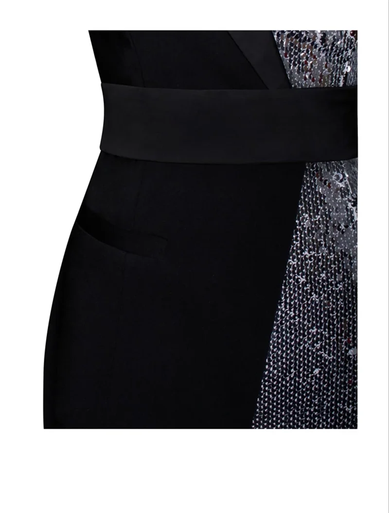 Europe and the United States summer new black sexy long sleeved shoulders waist was thin irregular mosaic sequins mini ban
