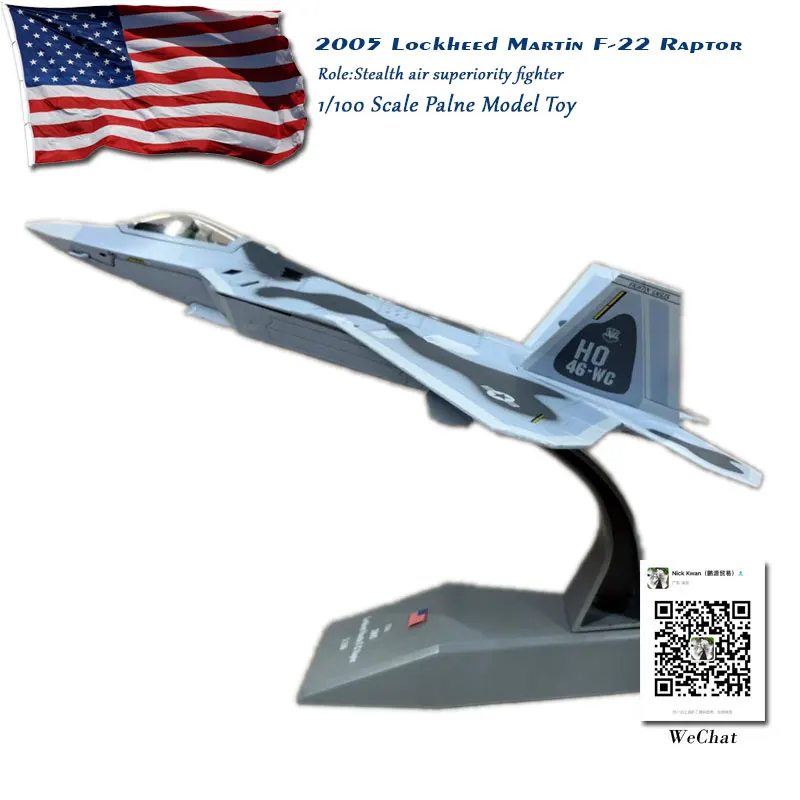 AMER 1/100 Scale Military Model Toys USAF F-22 Raptor Stealth Fighter Diecast Metal Plane Model Toy