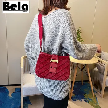 

BelaBolso Faux Fur Saddle Bag Thread Design Crossbody Bags For Women Small Bag Wide Strap Shoulder Bags Female PU Leather HMB712