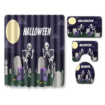 

Happy Halloween Waterproof Polyester Fabric Shower Curtain Pedestal Rug Lid Toilet Cover Mat Bath