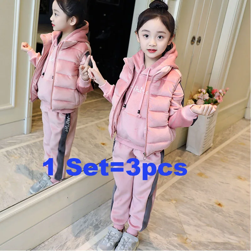 pink 3 pieces Детские теплые костюмы; Повседневная Верхняя одежда с длинными рукавами; комплект из 2 предметов; сезон осень-зима; детский утепленный бархатный свитер с капюшоном - Цвет: pink 3 pieces