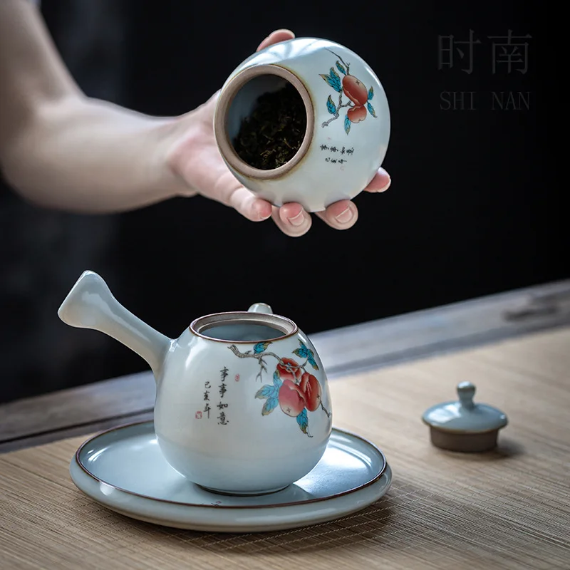 

Chinese ceramic side handle pot single pot small retro ru kiln household tea making tea set one person teapot