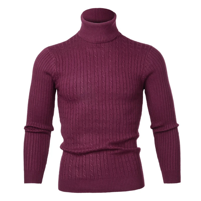 Wine Red2 Высококачественный теплый мужской свитер с высоким воротом, модный однотонный вязаный мужской свитер, повседневный тонкий пуловер, мужской топ с двойным воротником - Цвет: Wine Red2