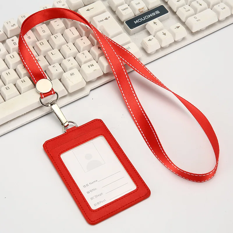 red With lanyard Новинка, держатель для кредитных карт из искусственной кожи, держатель для карт, студенческий мультяшный автобус, держатель для карт, кожаный чехол с ремешком, значок для имени работника - Цвет: red With lanyard
