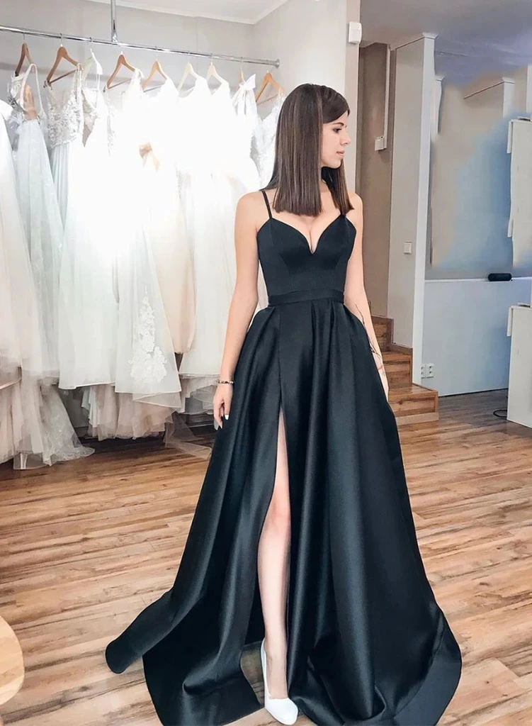 Women Prom Dresses Weiyin Elegant Black Long Formal Evening Dresses Long A-Line Sexy High Slit Satin Simple Prom Party Gowns