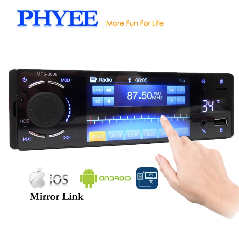 PHYEE 1 Din Автомагнитола зеркалом Link Bluetooth Handsfree 4 &quotСенсорный экран Видеоплеер MP5 USB TF