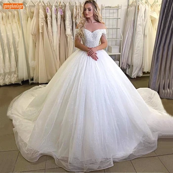 

Sparkly Beaded Wedding Gowns White Off Shoulder Lace Up Tulle Ball Gown Bride Dresses Long Ivory Custom Made 2020 Robe De Mariee